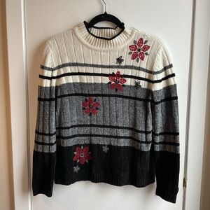 Alfred Dunner Black and Gray Crew Neck Sweater with Nordic Patterns